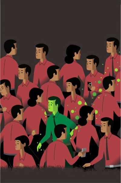 A group of people showing a spreader as a green man. We need guidelines to see friends and family during COVID-19.